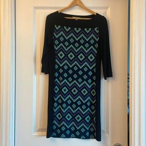 Black dress with a blue and green print from Banana Republic